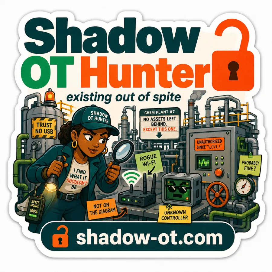 Cartoon sticker: a Shadow OT Hunter with a flashlight and magnifying glass inspects a chemical plant full of labels such as Rogue Wi-Fi, Unknown controller and Not on the diagram.