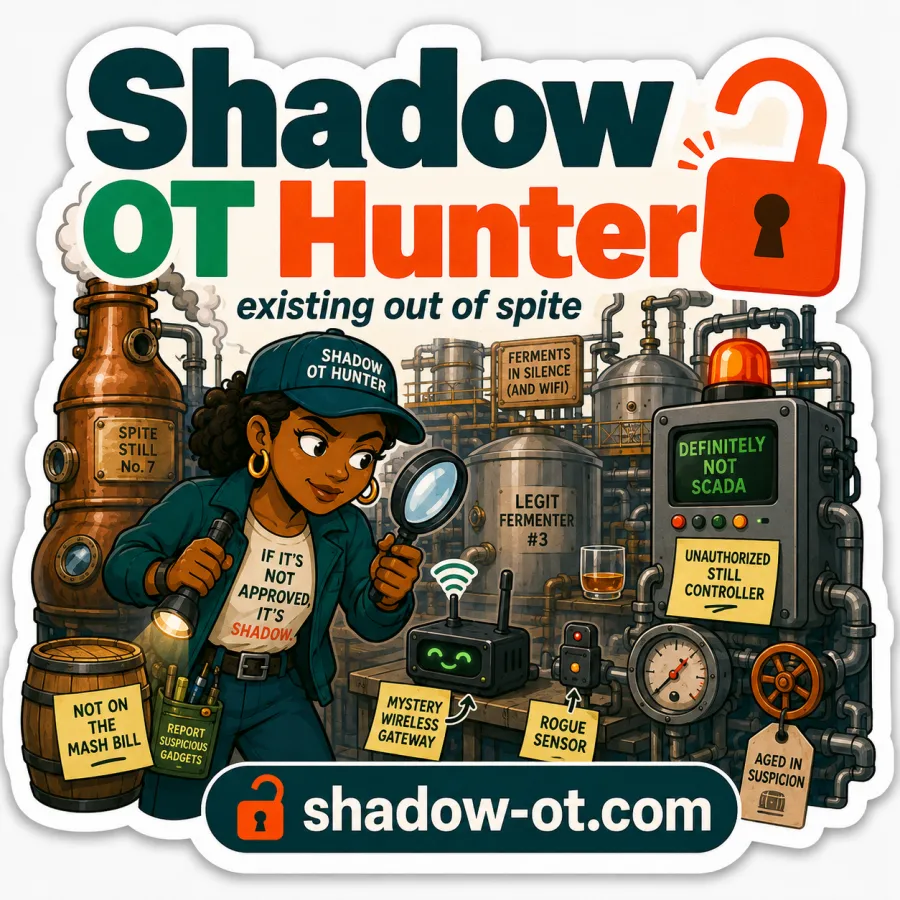 Cartoon sticker: a Shadow OT Hunter with a magnifying glass in a distillery, past a copper still, a mystery wireless gateway and a controller labeled Unauthorized still controller.