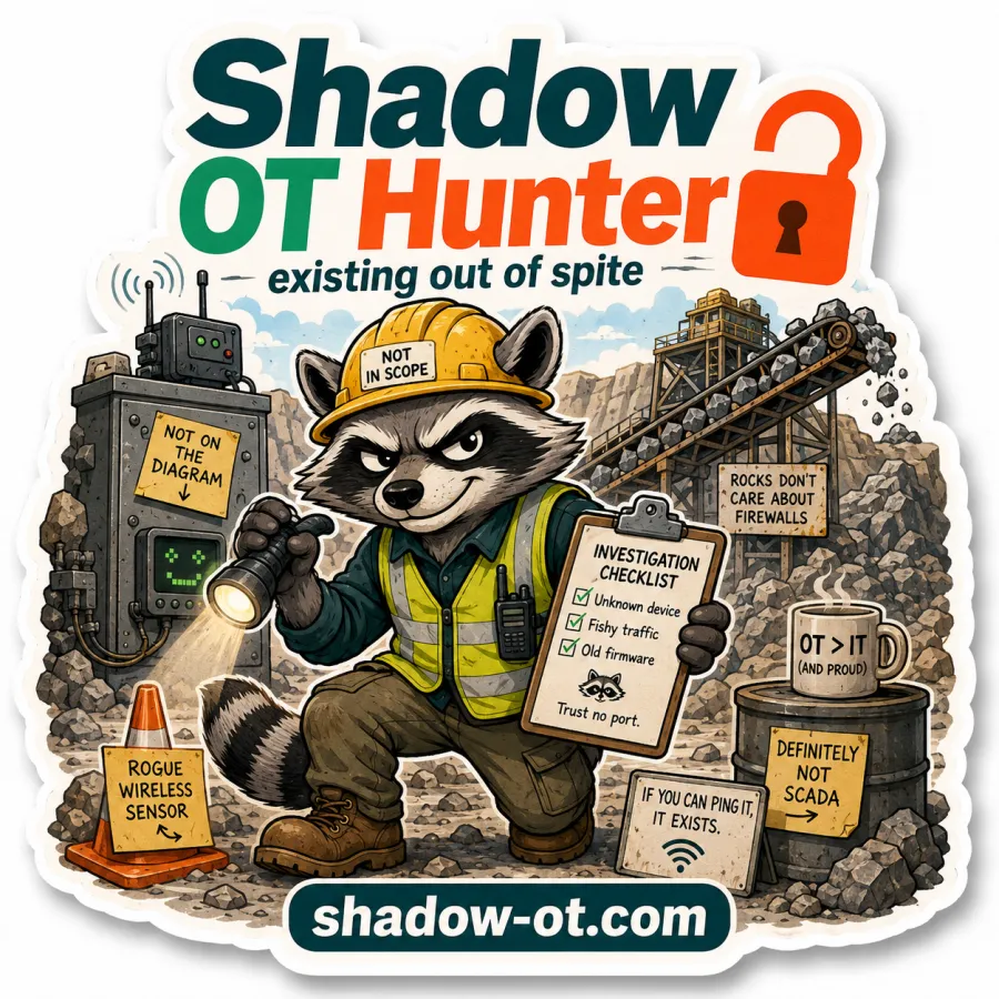 Cartoon sticker: a raccoon in a hard hat and safety vest, holding a flashlight and an investigation checklist, at a quarry with signs reading Not on the diagram, Rogue wireless sensor and Definitely not SCADA.